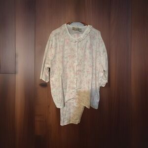Birds & Bees Floral Pajama Set Womens Sz XL Pink Lace Collar 3/4 Sleeve VTG